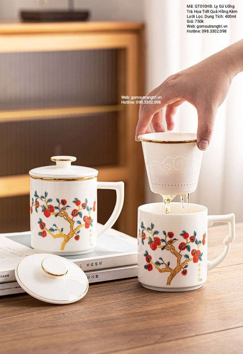 LY SỨ UỐNG TRÀ HỌA TIẾT QUẢ HỒNG